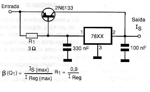 Aumentando a corrente de saída com um transistor PNP de potência. Tipos como o TIP42 podem ser usados para corrente até uns 3 A.

