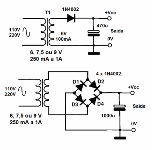 Fontes simples com transformador de 250 mA a 1 A
Fontes simples com transformador de 250 mA a 1 A