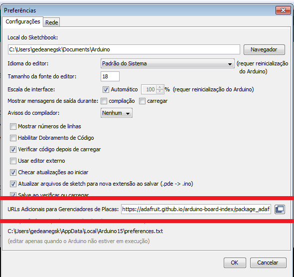 Instalação de placas adicionais na IDE Arduino (Fonte: própria)
Instalação de placas adicionais na IDE Arduino (Fonte: própria)