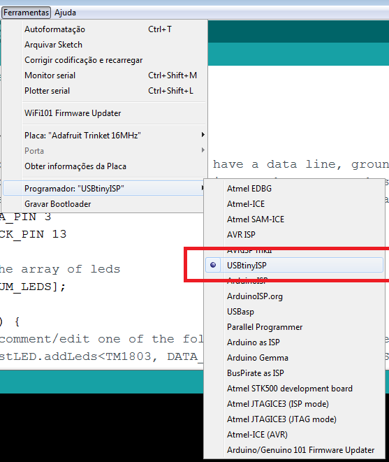 Escolha do gravador USBTinyISP (Fonte: própria)
