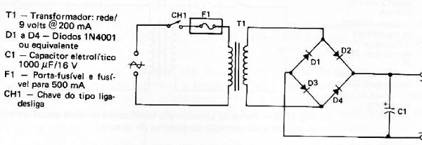 Fig. 2 — Circuito de uma fonte para alimentar o circuito da Fig. 111-1 a partir da rede elétrica.
Fig. 2 — Circuito de uma fonte para alimentar o circuito da Fig. 111-1 a partir da rede elétrica.