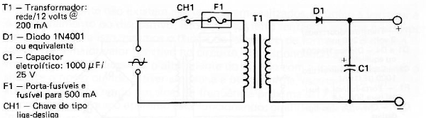 Fig. 3 — Fonte de alimentação (retificação de meia onda) simples, destinada à alimentação do circuito do alarma.
Fig. 3 — Fonte de alimentação (retificação de meia onda) simples, destinada à alimentação do circuito do alarma.