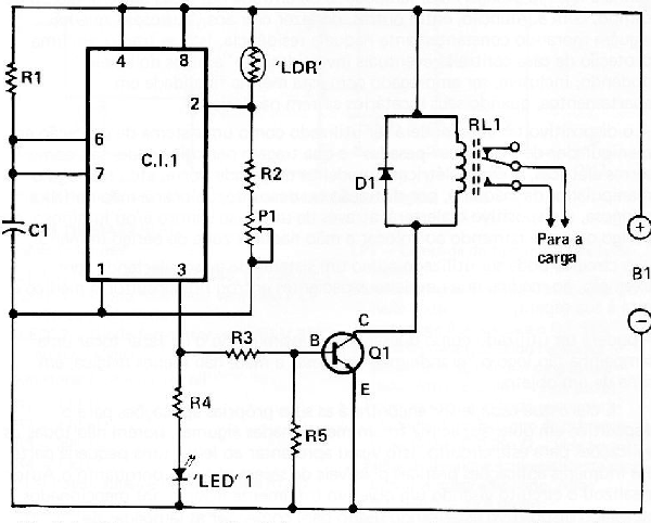 Fig. 1 — Diagrama esquemático do interruptor crepuscular em sua versão mais simples
Fig. 1 — Diagrama esquemático do interruptor crepuscular em sua versão mais simples