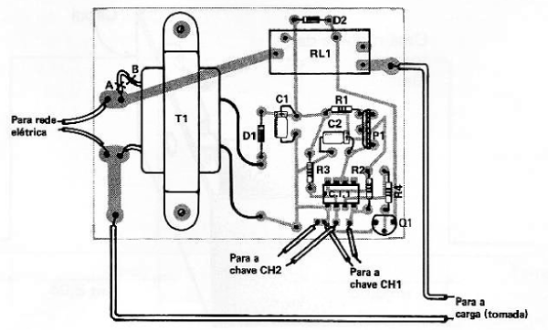 Fig. 5 — Distribuição dos componentes na plaqueta de circuito impresso. Observar que o chanfro do integrado situa-se à esquerda do leitor.
Fig. 5 — Distribuição dos componentes na plaqueta de circuito impresso. Observar que o chanfro do integrado situa-se à esquerda do leitor.