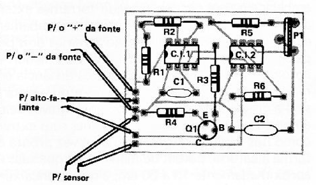 Fig. 5 — Distribuição dos componentes na plaqueta de circuito impresso.
Fig. 5 — Distribuição dos componentes na plaqueta de circuito impresso.
