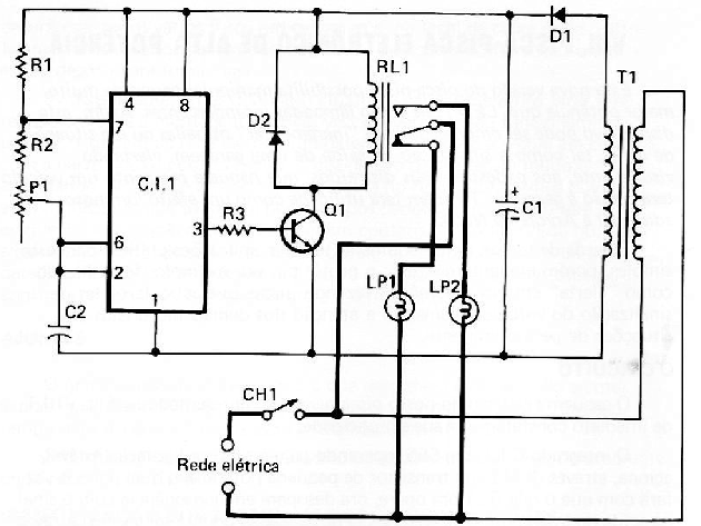 Fig. 1 — Diagrama esquemático do pisca-pisca eletrônico de 1000 W.
Fig. 1 — Diagrama esquemático do pisca-pisca eletrônico de 1000 W.