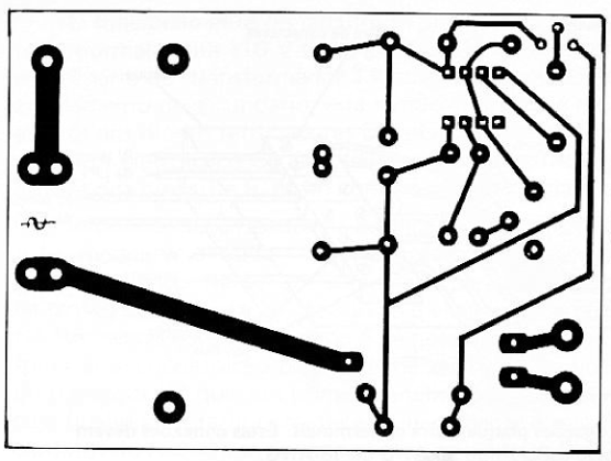 Fig. 3 — Desenho, em tamanho natural, da plaqueta de fiação impressa utilizada no protótipo, visto pelo lado do cobre.
Fig. 3 — Desenho, em tamanho natural, da plaqueta de fiação impressa utilizada no protótipo, visto pelo lado do cobre.