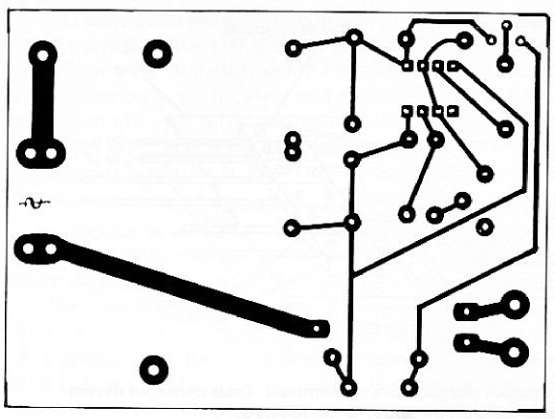 Fig. 3 — Desenho, em tamanho natural, da plaqueta de fiação impressa utilizada no protótipo, visto pelo lado do cobre. 
