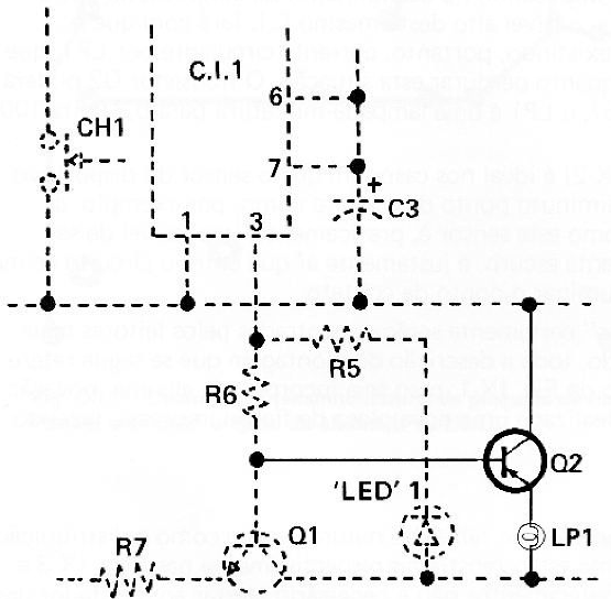 Fig. 2 — Anexando ao circuito original um transistor de pequena potência e uma diminuta lâmpada, conforme é mostrado, consegue-se fazer com que o próprio dispositivo indique a localização do sensor. 
