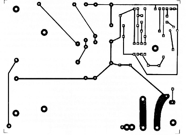 Fig.3 — Desenho em tamanho natural da plaqueta de fiação impressa idealizada para atender o circuito original do alarma (Fig. IX-1).
Fig.3 — Desenho em tamanho natural da plaqueta de fiação impressa idealizada para atender o circuito original do alarma (Fig. IX-1).