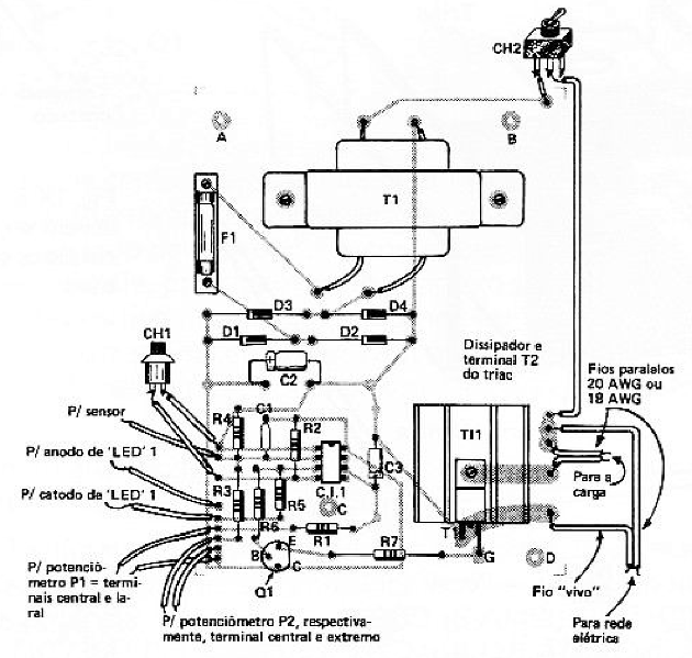 Fig. 4 — Distribuição dos componentes na plaqueta, assim como o chapeado das ligações externas a ela serem realizadas.
Fig. 4 — Distribuição dos componentes na plaqueta, assim como o chapeado das ligações externas a ela serem realizadas.