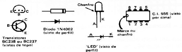 Fig. 8 — Identificação dos lides dos semicondutores utilizados na montagem do termostato eletrônico.
Fig. 8 — Identificação dos lides dos semicondutores utilizados na montagem do termostato eletrônico.
