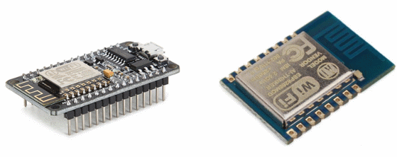 Figura 1 - placa de desenvolvimento NodeMCU e ao lado somente o Chip ESP8266 12-E.
