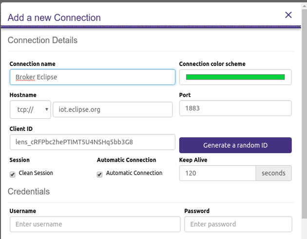 Figura 8 - Dados de conexão MQTT (configuração do cliente MQTTLens)
