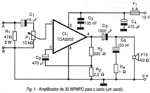 Amplificador de 32 WPMPO para o carro (um canal). Amplificador de 32 WPMPO