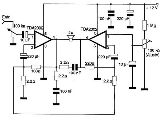 16 W RMS com TDA2002 em ponte para o carro (aprox. 60 W PMPO) 16 W RMS com TDA2002 em ponte para o carro (aprox. 60 W PMPO)