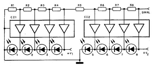 Possibilidade de excitar 8 LEDs numa escala de barra móvel. 