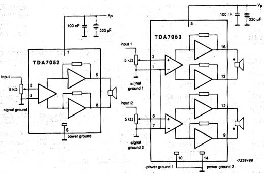 Configurações para os circuitos integrados TDA7052 e TDA7053. Configurações para os circuitos integrados TDA7052 e TDA7053.