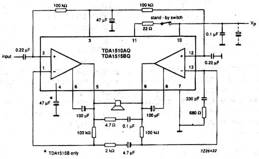 Aplicação mono dos TDA1510Q e TDA1515Q. 