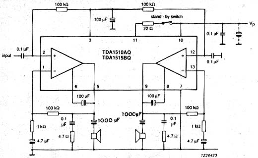 Circuito estéreo dos TDA1510Q e TDA1515BQ. Circuito estéreo dos TDA1510Q e TDA1515BQ.
