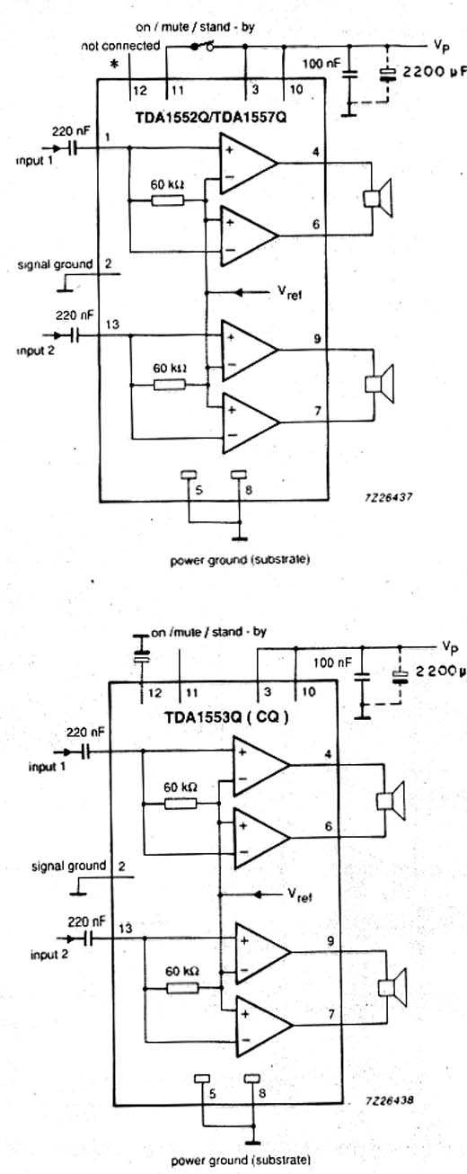 As configurações possíveis para o TDA1552Q, TDA1557Q e TDA1553CQ e Q. As configurações possíveis para o TDA1552Q, TDA1557Q e TDA1553CQ e Q.