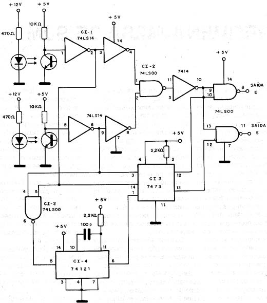 Diagrama de um circuito que utiliza o sistema de detector de entrada e saída TTL. Diagrama de um circuito que utiliza o sistema de detector de entrada e saída TTL.