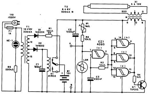 Diagrama completo do sistema de iluminação de emergência. Diagrama completo do sistema de iluminação de emergência.