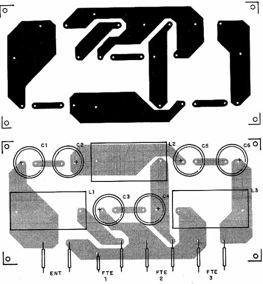 Placa de circuito impressor do divisor de 3 canais. 