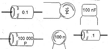 Marcações diferentes de capacitores de 100 nf. 