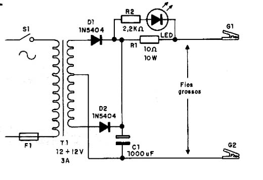 Um carregador simples de bateria - G1 e G2 são ligados aos pólos da bateria e o resistor de 10 ohms serve como limitador de corrente. Um carregador simples de bateria - G1 e G2 são ligados aos pólos da bateria e o resistor de 10 ohms serve como limitador de corrente.