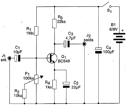 Esquema elétrico do pré-amplificador de áudio. 