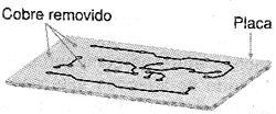 O cobre deverá ser totalmente retirado, menos as regiões mascadas com a caneta (trilhas). O cobre deverá ser totalmente retirado, menos as regiões mascadas com a caneta (trilhas).