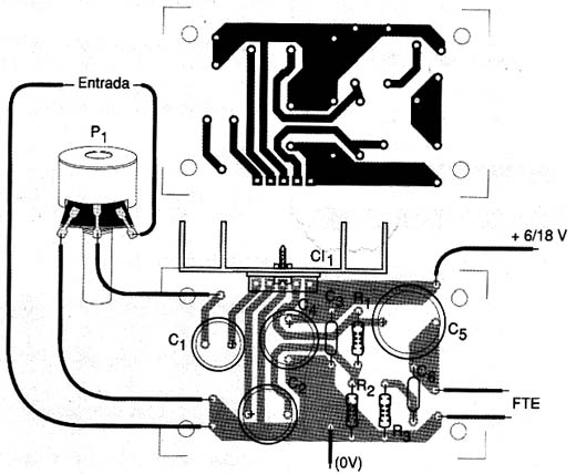 A placa de circuito impresso do amplificador. 