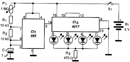 Diagrama completo do circuito de LEDs sequenciais. Diagrama completo do circuito de LEDs sequenciais.
