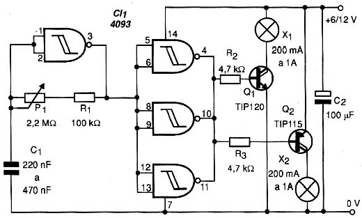 Neste circuito, duas lâmpadas piscam alternadamente. Neste circuito, duas lâmpadas piscam alternadamente.