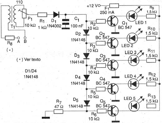 Diagrama completo do sistema bargraph com 5 LEDs. Diagrama completo do sistema bargraph com 5 LEDs.