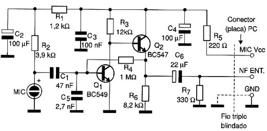 Circuito competo de microfone de eletreto para PC. 