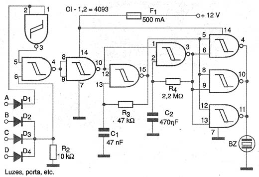 Diagrama esquemático do alarme de luzes. Diagrama esquemático do alarme de luzes.