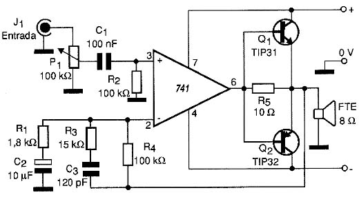 Diagrama elétrico do amplificador de áudio com operacional. 