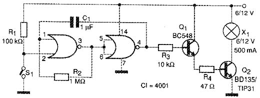 Pulsador de 12 V com CI 4001. 