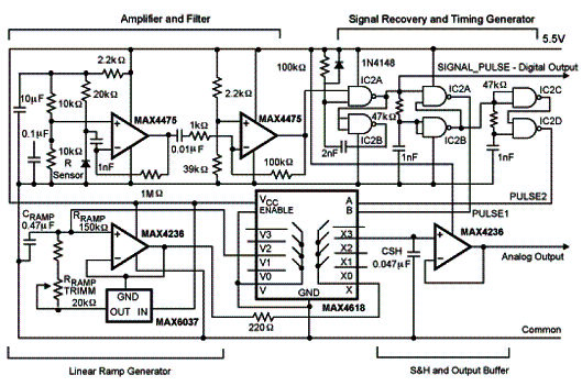 Figura 2 - Diagrama completo do receptor remoto de temperatura por infravermelho sugerido pela Maxim. Figura 2 - Diagrama completo do receptor remoto de temperatura por infravermelho sugerido pela Maxim.