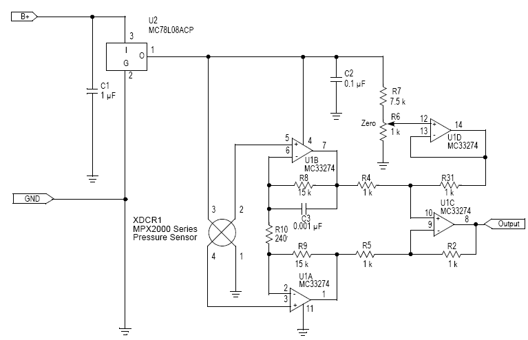 Figura 2 - Amplificador com ajuste de offset para sensor de pressão. Figura 2 - Amplificador com ajuste de offset para sensor de pressão.