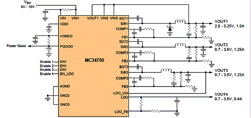 Figura 1 - Diagrama típico simplificado de aplicação do MC34700 da Freescale. Figura 1 - Diagrama típico simplificado de aplicação do MC34700 da Freescale.