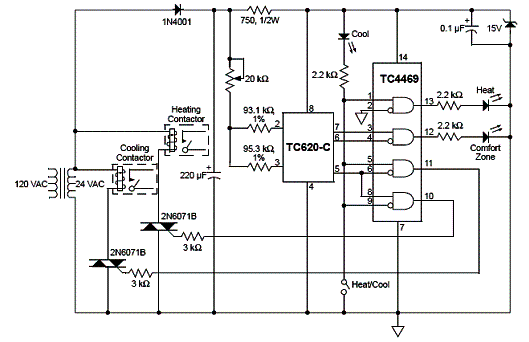 Figura 3 - Termostato para circuito de 24 VAC com as mesmas características do circuito anterior. Figura 3 - Termostato para circuito de 24 VAC com as mesmas características do circuito anterior.