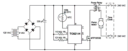 Figura 4 - Sistema de controle de temperatura para piscina com aquecimento solar utilizando sensor externo e o TC621-H da Figura 4 - Sistema de controle de temperatura para piscina com aquecimento solar utilizando sensor externo e o TC621-H da