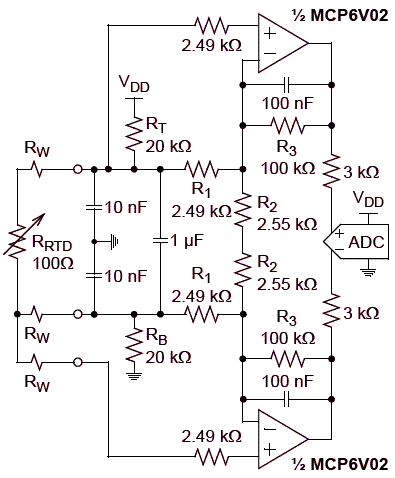 Figura 7 - Circuito para sensor RTD usando dois amplificadores operacionais excitando diretamente um ADC. Figura 7 - Circuito para sensor RTD usando dois amplificadores operacionais excitando diretamente um ADC.