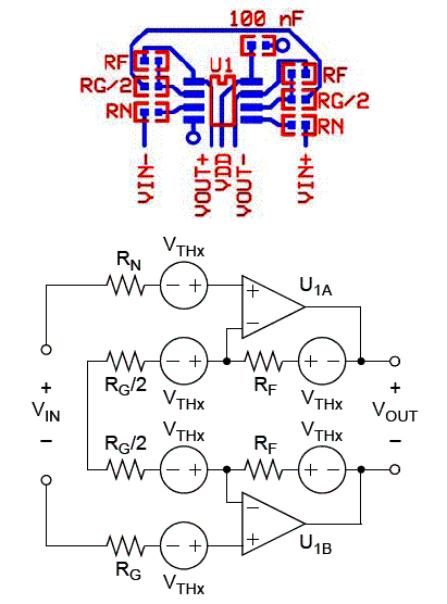 Figura 7 - layout para o amplificador de instrumentação com Rg separado em dois. Figura 7 - layout para o amplificador de instrumentação com Rg separado em dois.