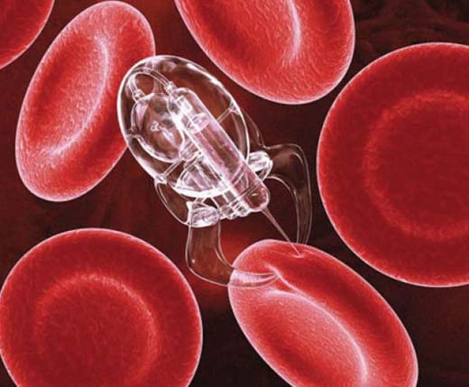 Figura 1 - Nano-robot manipulando um glóbulo vermelho e injetando nele drogas. Figura 1 - Nano-robot manipulando um glóbulo vermelho e injetando nele drogas.
