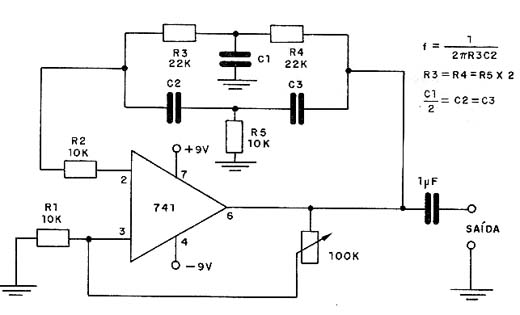 Oscilador de duplo-T com o 741. 