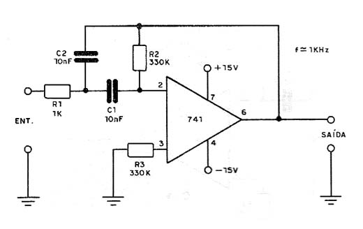 Filtro passa-faixa de 1kHz com 741 (2). Filtro passa-faixa de 1kHz com 741 (2).